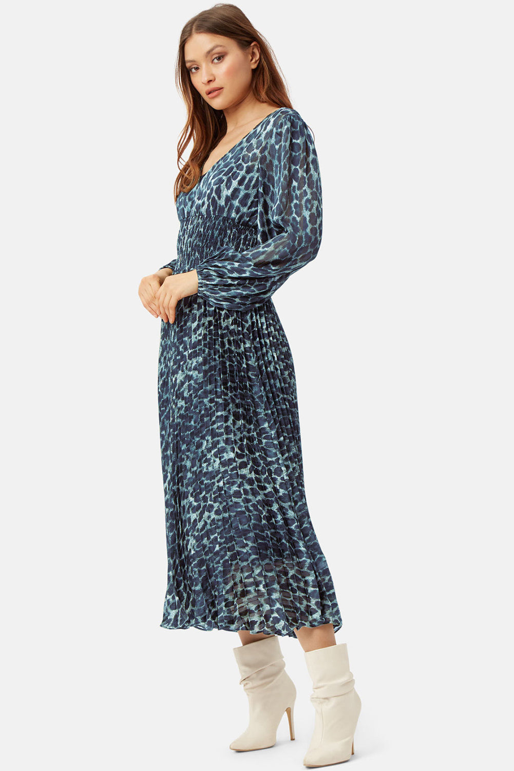 Traffic People Dress AURORA Pleat skirt Leopard Blue