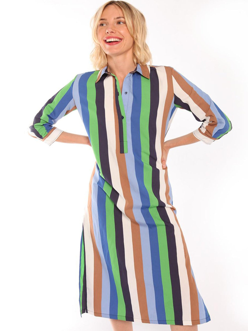 Vilagallo Dress Long MENORCA Stripe Shirt Style Green Blue
