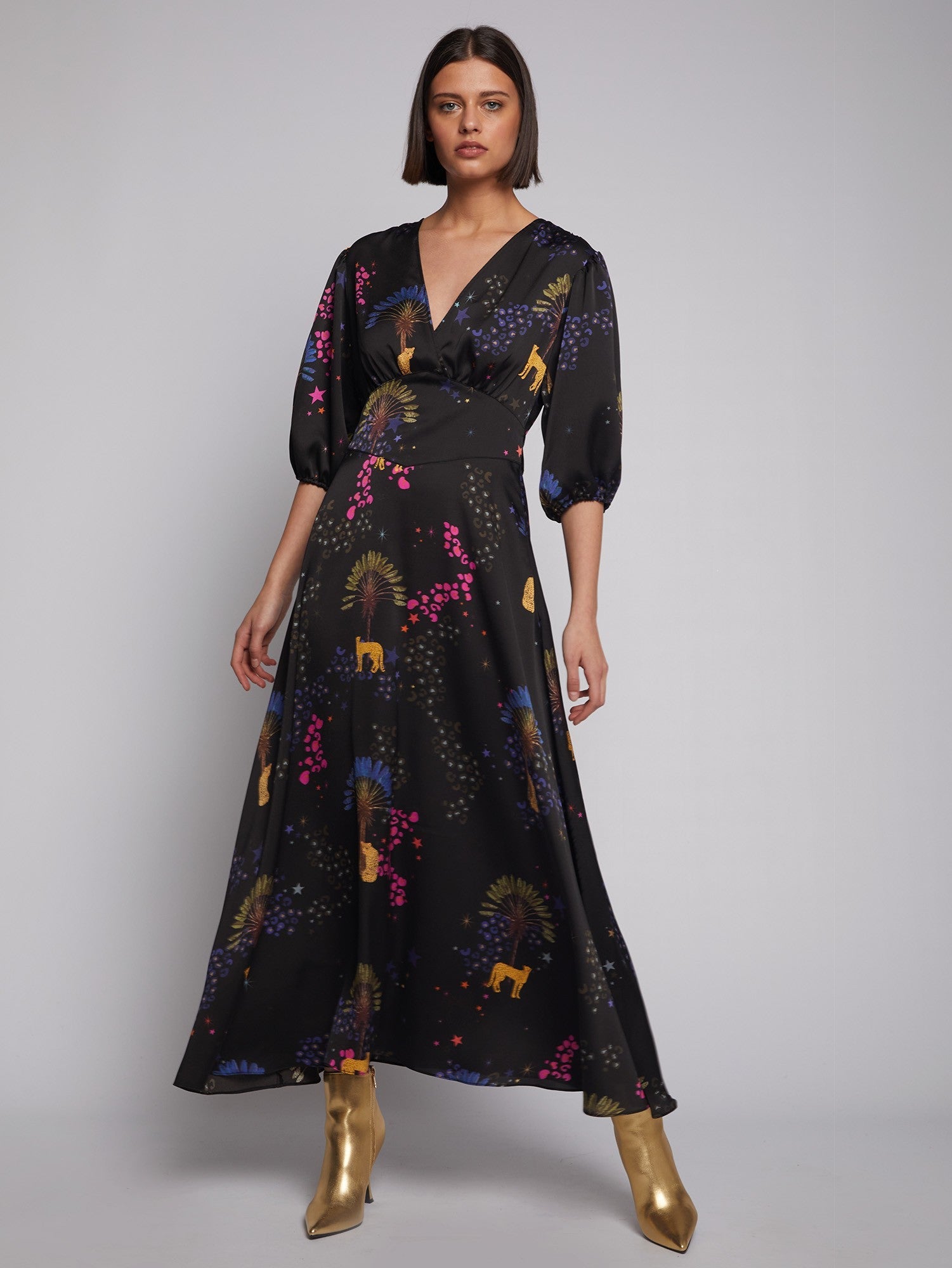 Vilagallo Dress NATASHA Cheetah Palm Print Black