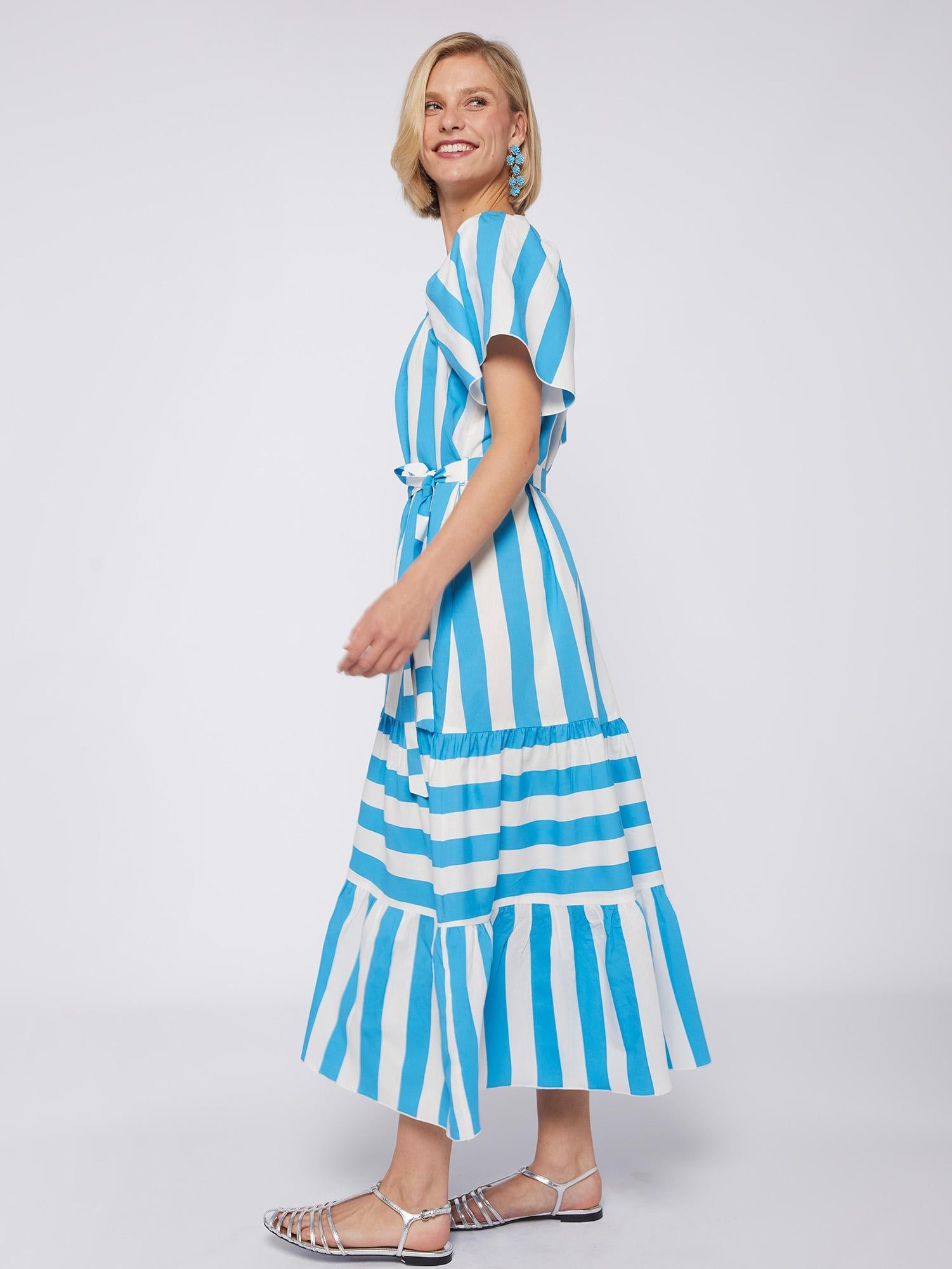 Vilagallo Dress PALMIRA Long Square Neck Stripe Turquoise