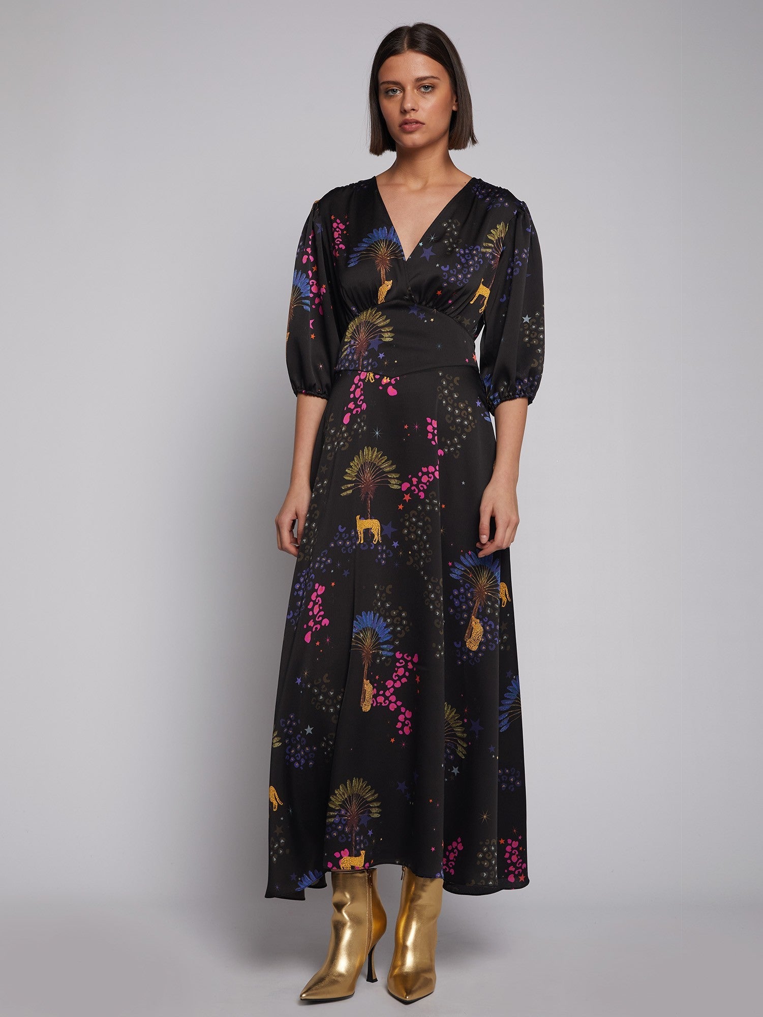 Vilagallo Dress NATASHA Cheetah Palm Print Black