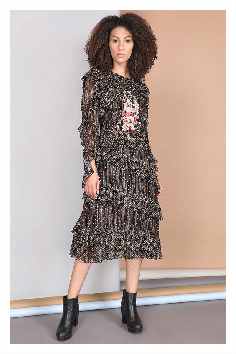 Blank London Dress Tiered Embroidered Black & Pink RELIANA