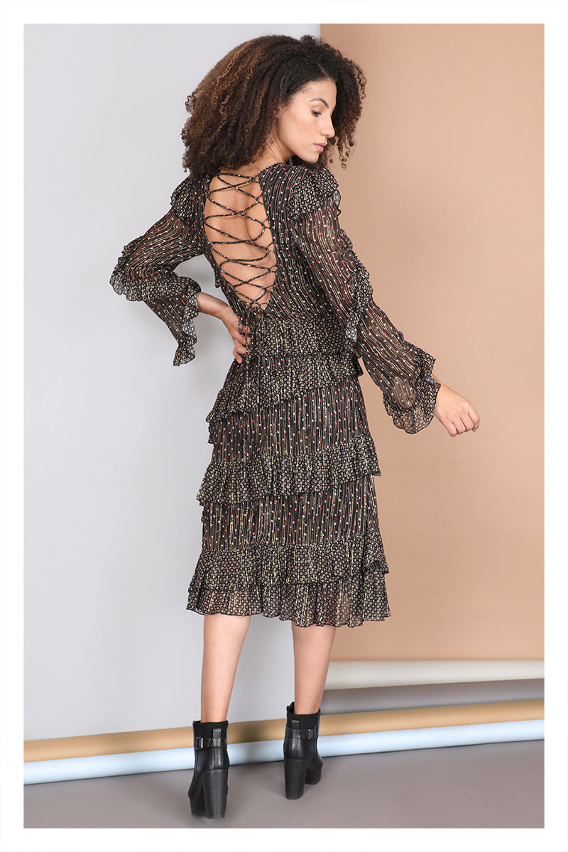 Blank London Dress Tiered Embroidered Black & Pink RELIANA