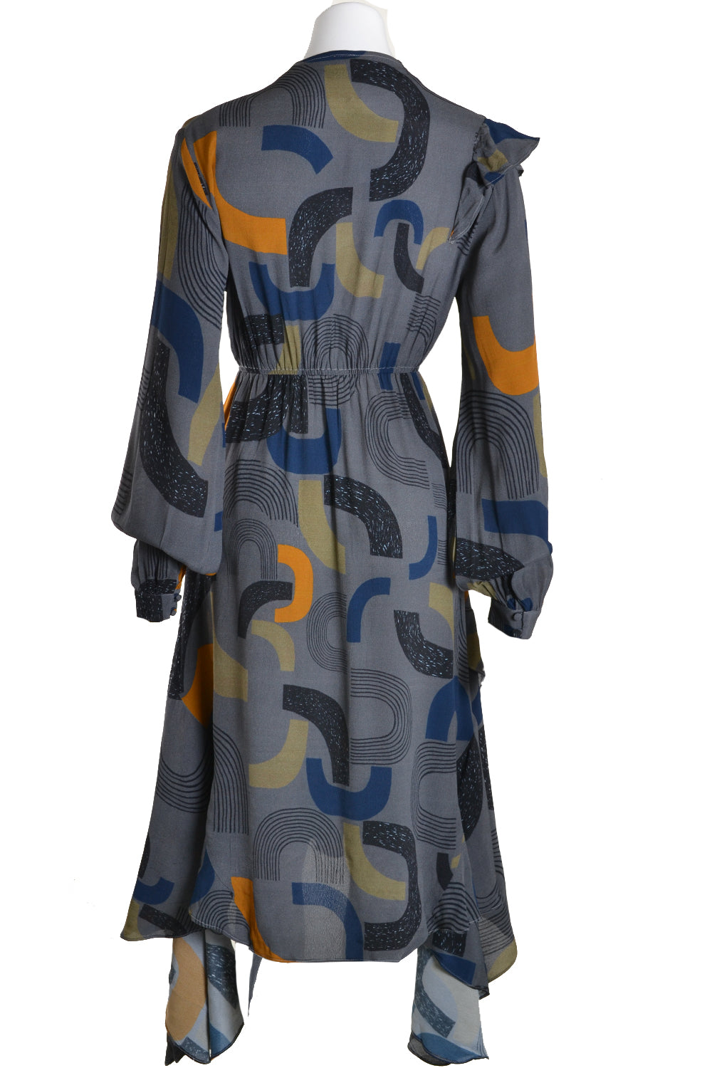Abstract Print Midi Dress with Flowing Asymmetric Hem
