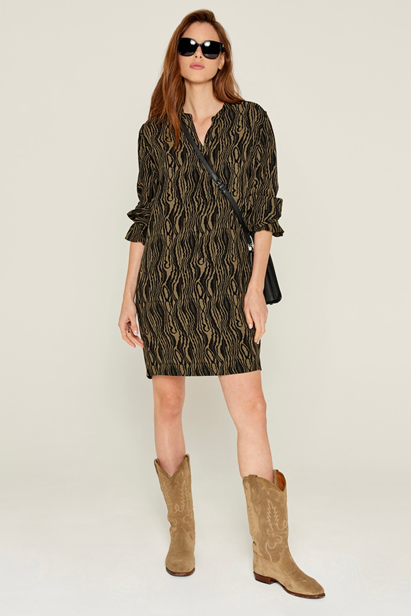 Five Jeans Dress RAFAELLE Shift Black Print Khaki.