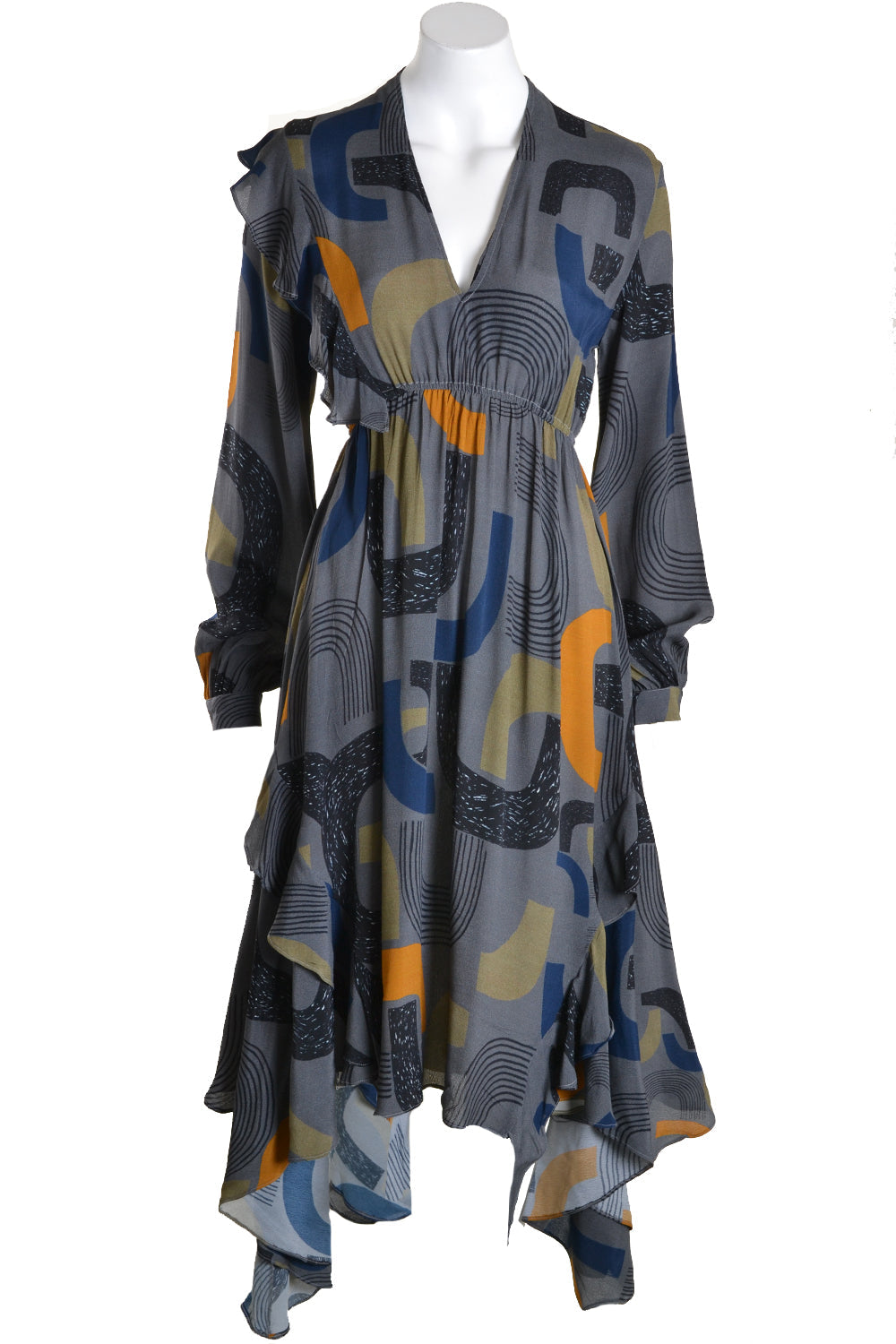 Abstract Print Midi Dress with Flowing Asymmetric Hem