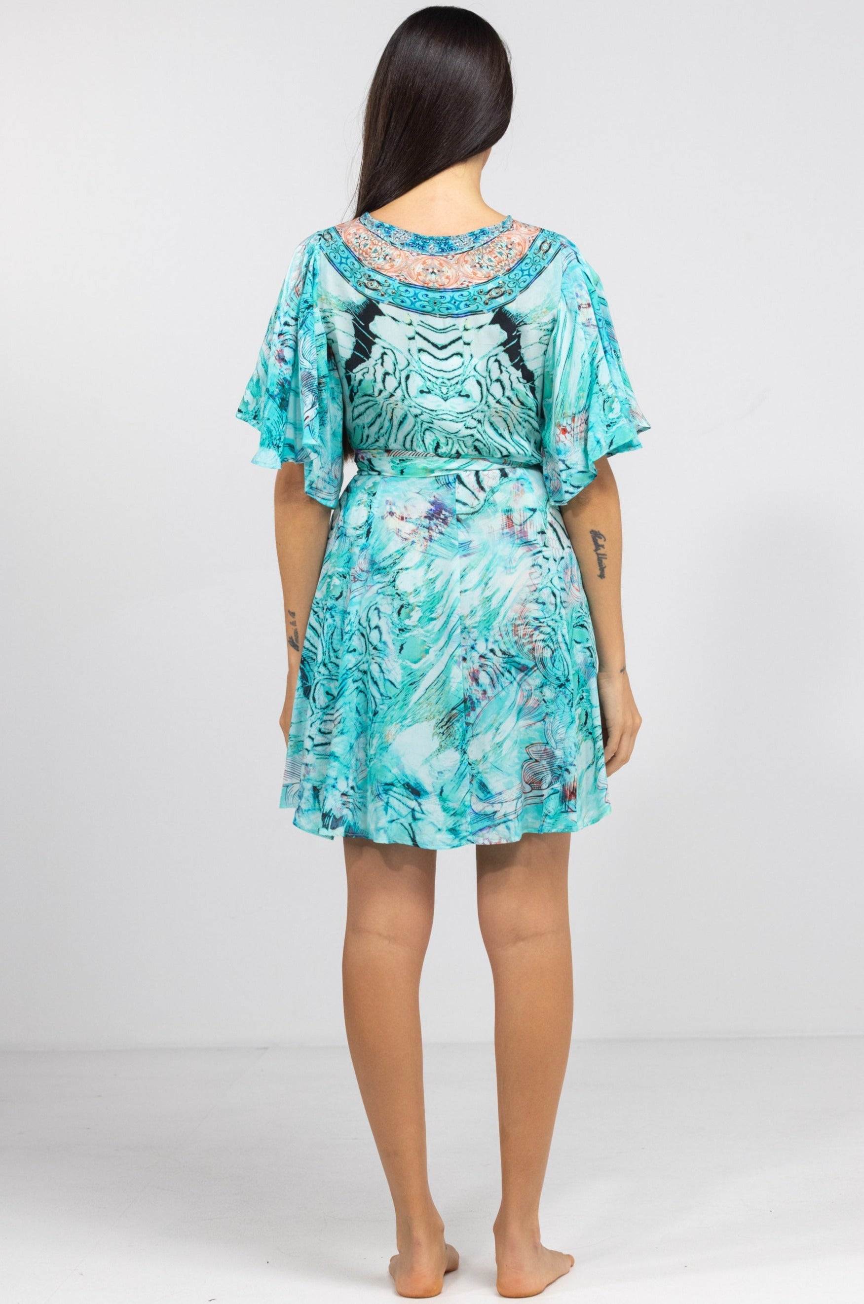 INOA Clothing Short Wrap Dress GAIA  Gold Coast Print Turquoise