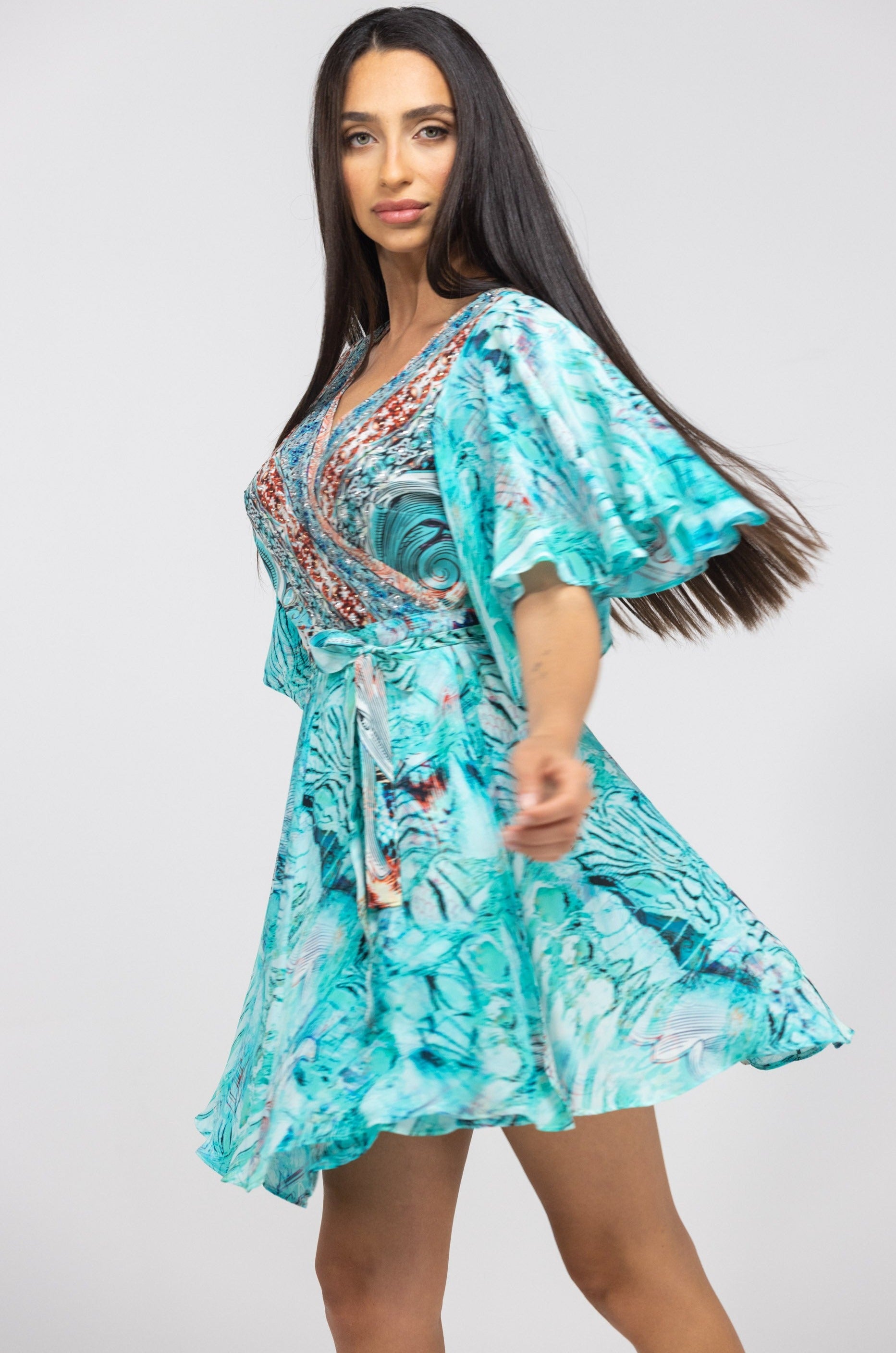 INOA Clothing Short Wrap Dress GAIA  Gold Coast Print Turquoise