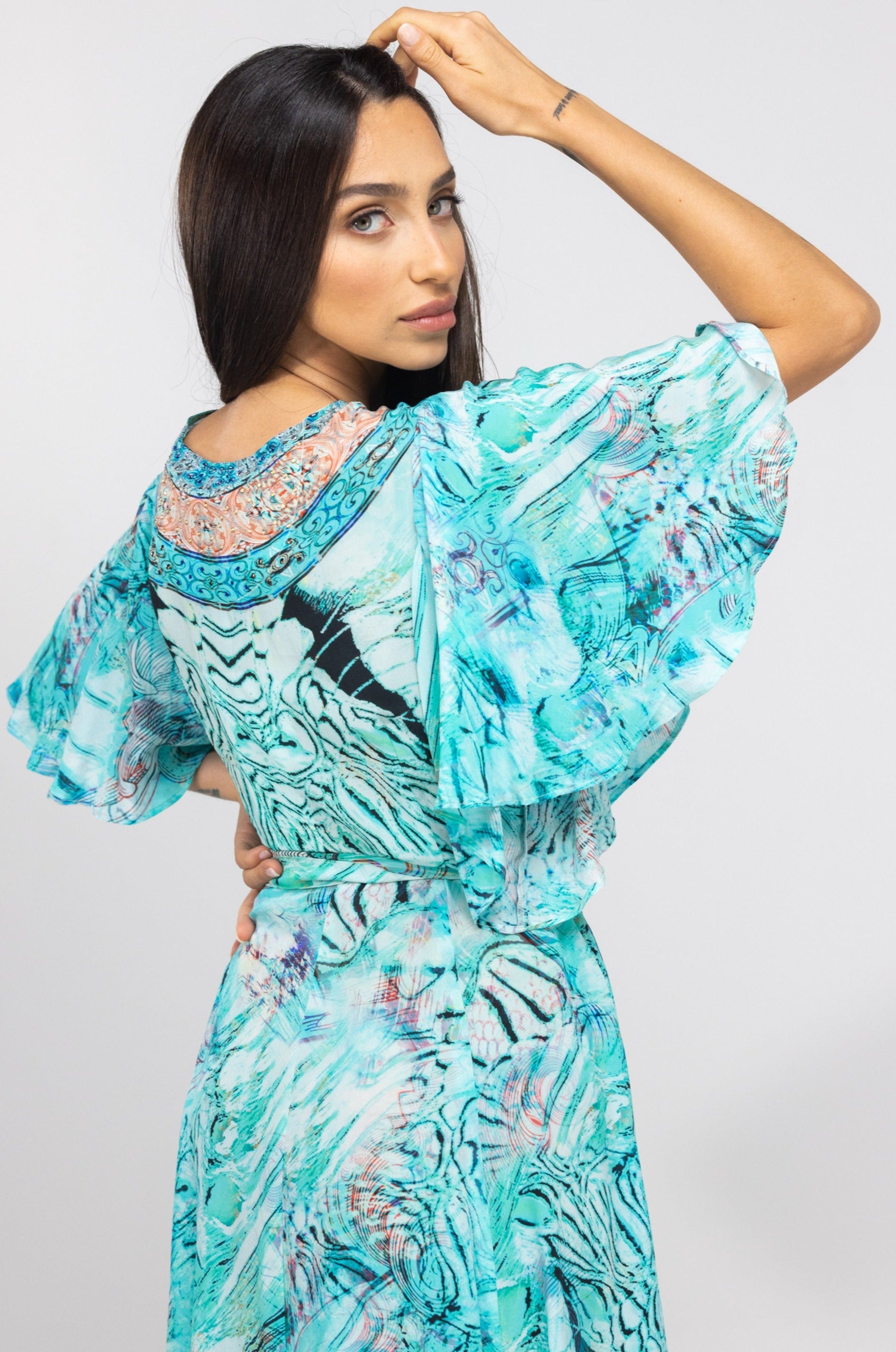 INOA Clothing Short Wrap Dress GAIA  Gold Coast Print Turquoise