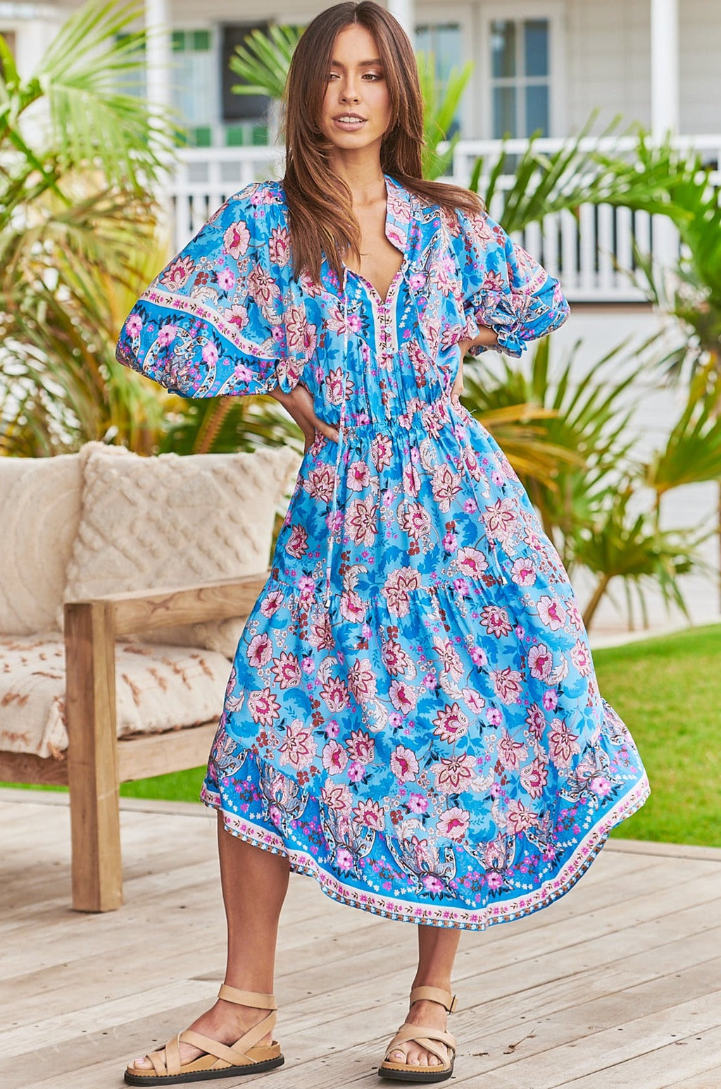 Boho Floral Tie Neck Midi Dress