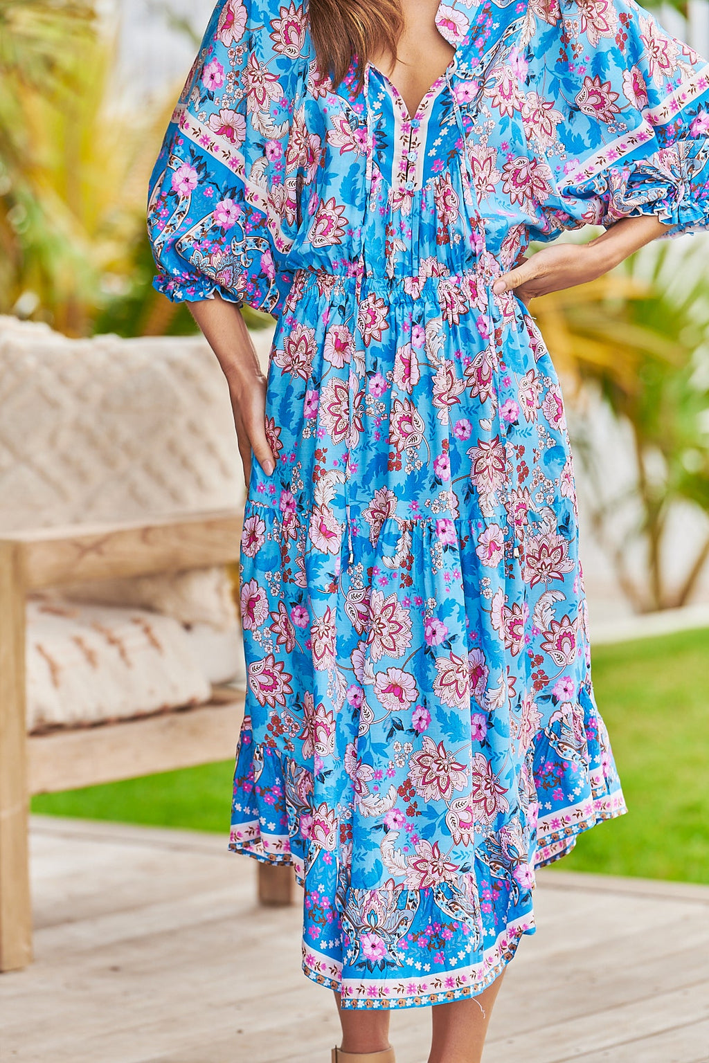 Boho Floral Tie Neck Midi Dress