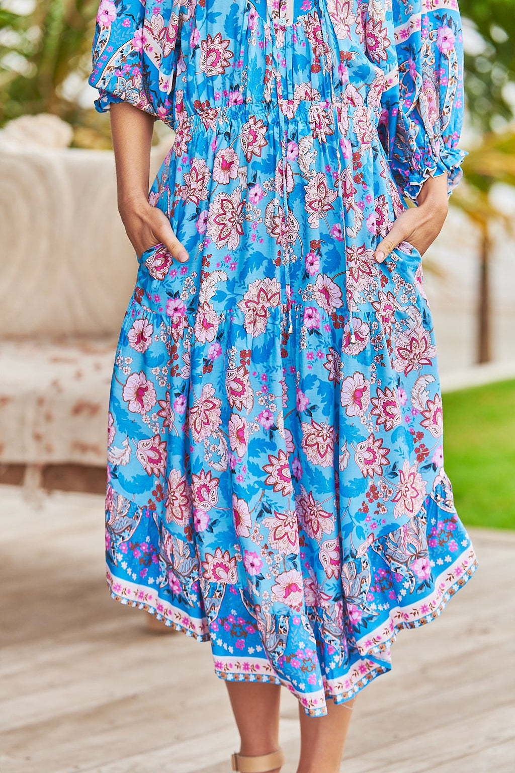 Jaase Midi Dress JASMINE Santorini Print Blue & Pink
