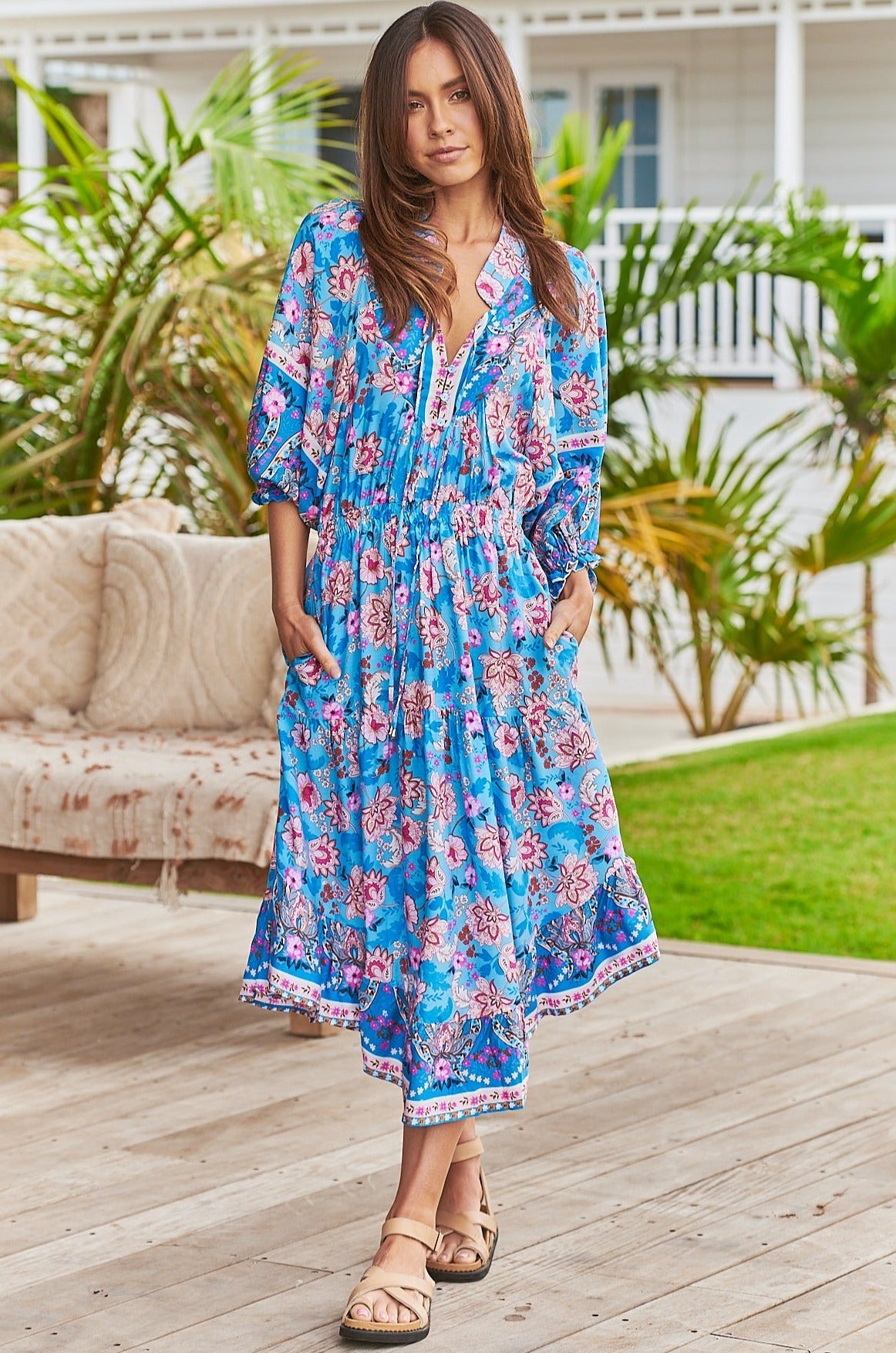 Jaase Midi Dress JASMINE Santorini Print Blue & Pink