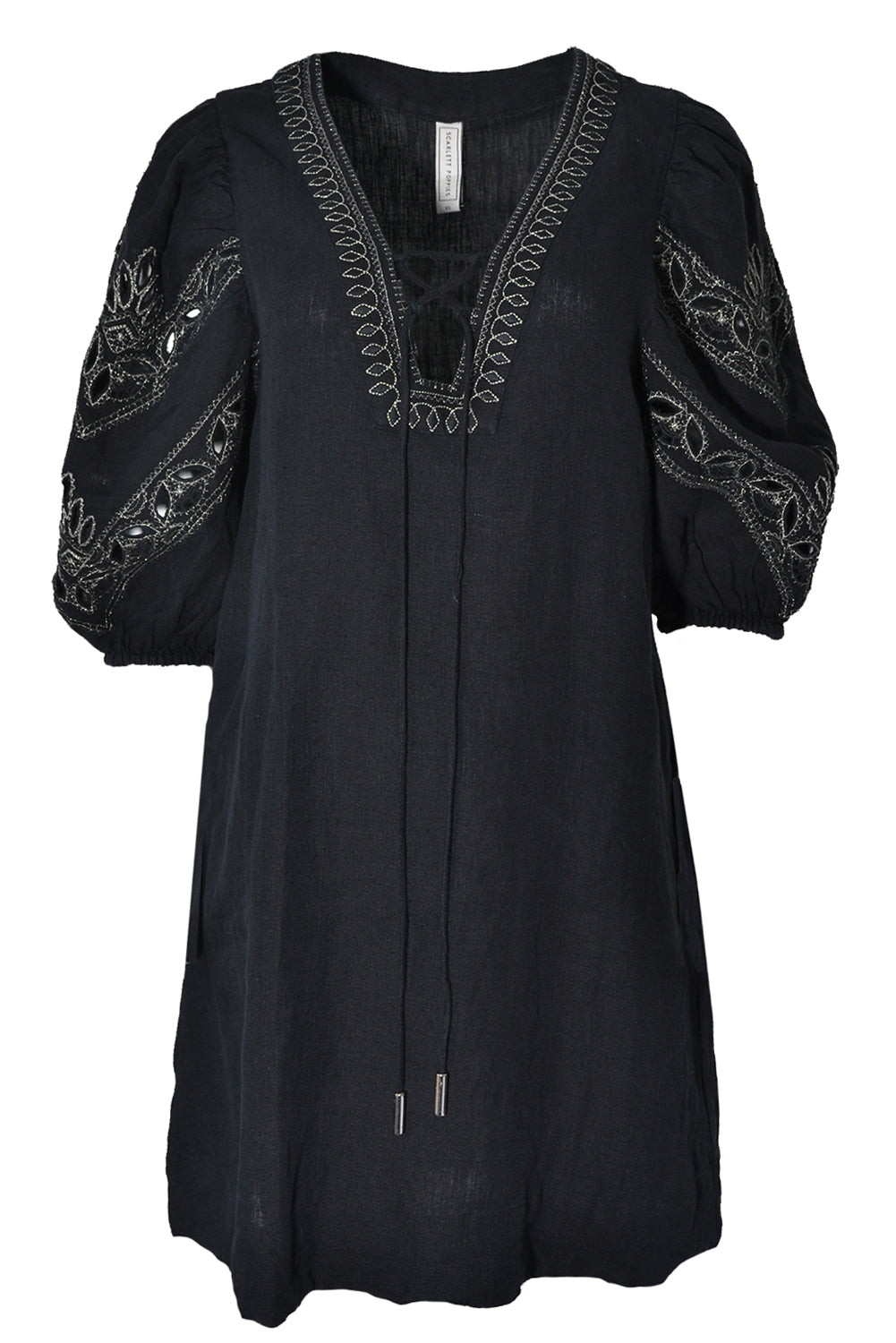 Embroidered Linen Lace Up Tunic Dress