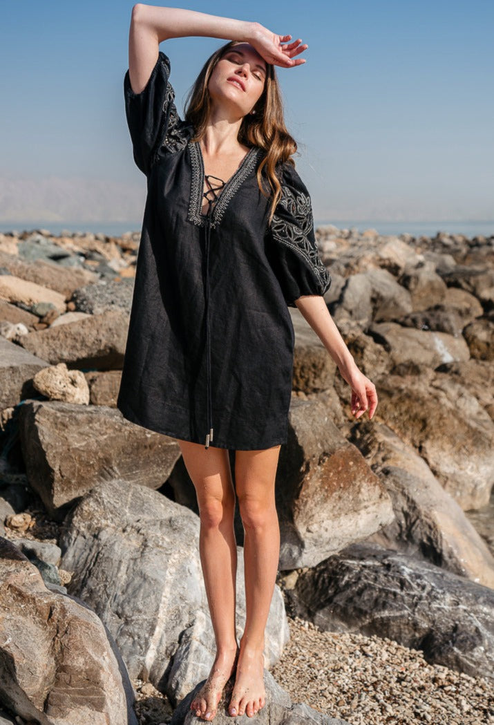 Scarlett Poppies Short Dress VALENTINA Linen Black