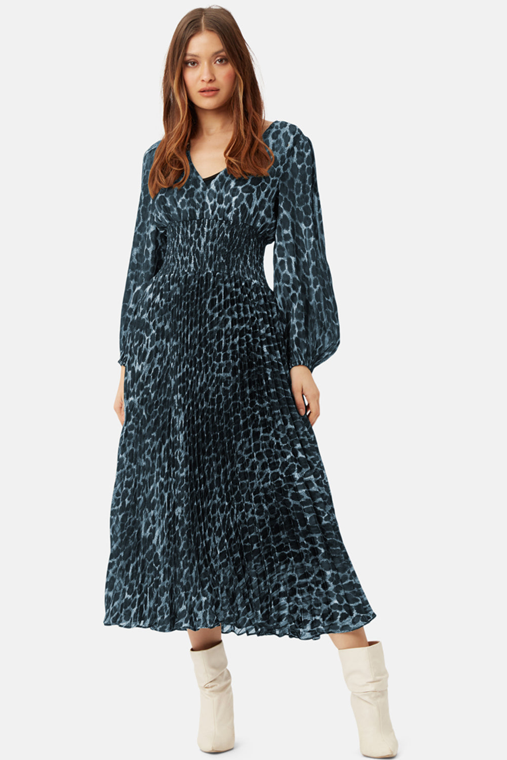 Traffic People Dress AURORA Pleat skirt Leopard Blue