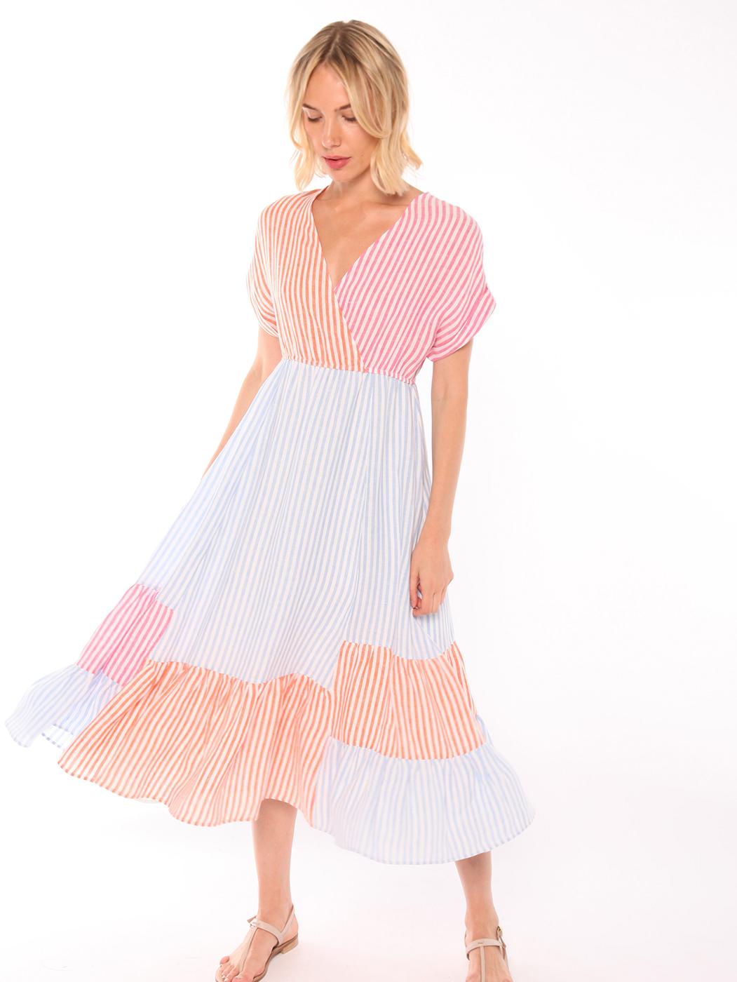 Vilagallo Long Dress LIBBY Blue Linen Stripe Blue