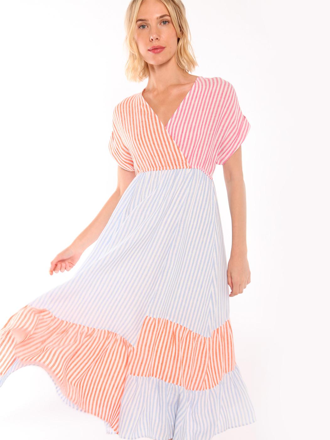 Vilagallo Long Dress LIBBY Blue Linen Stripe Blue