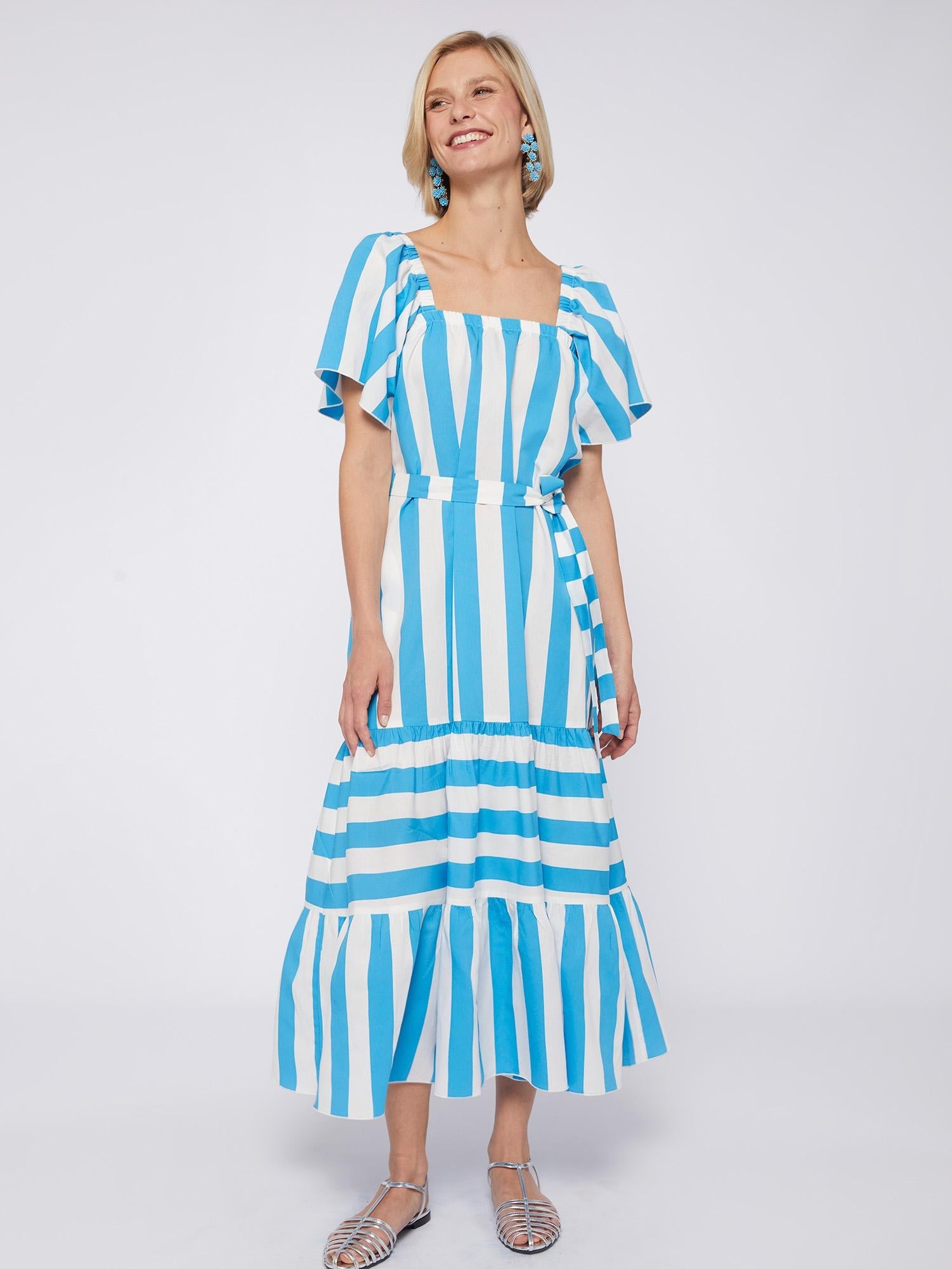 Vilagallo Dress PALMIRA Long Square Neck Stripe Turquoise