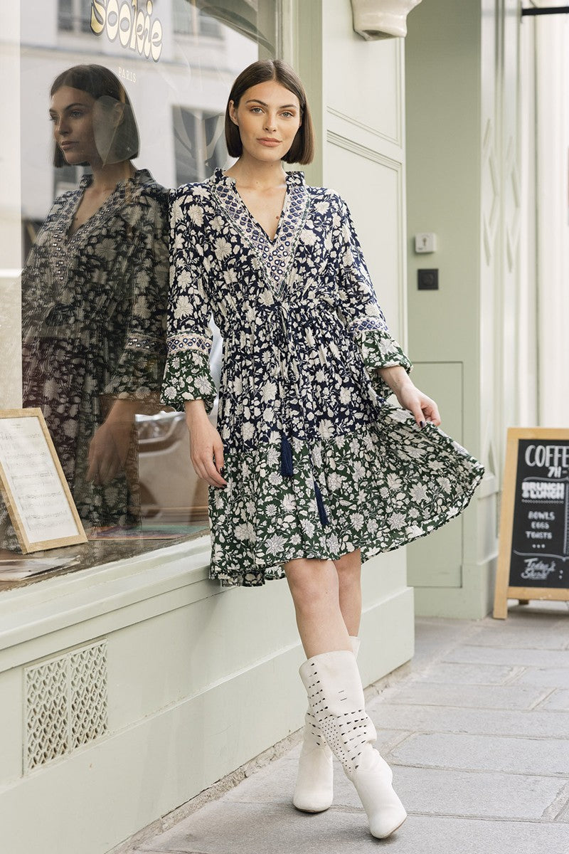 Women's Dress Embroidered Navy & Green ESMEE