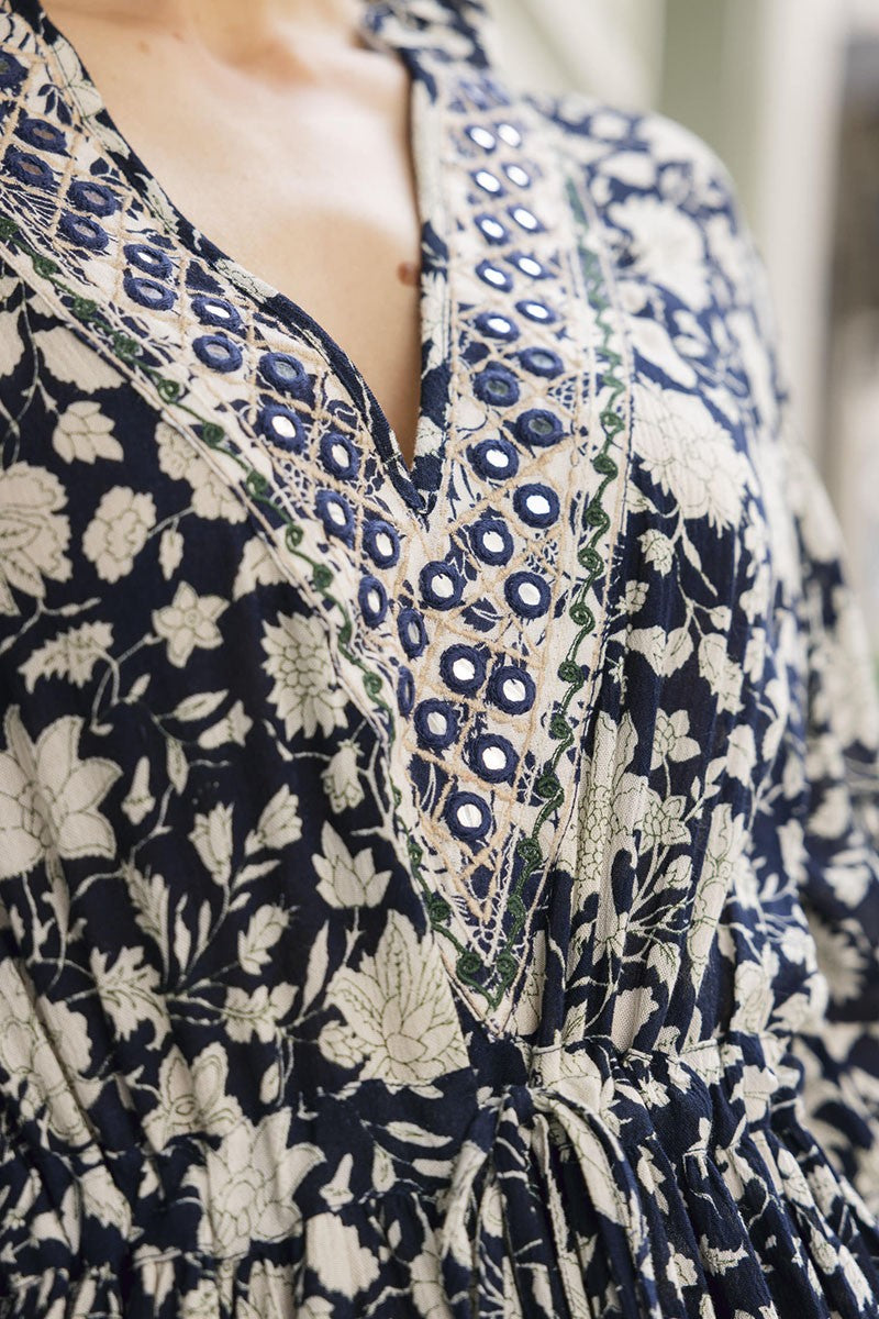 Women's Dress Embroidered Navy & Green ESMEE