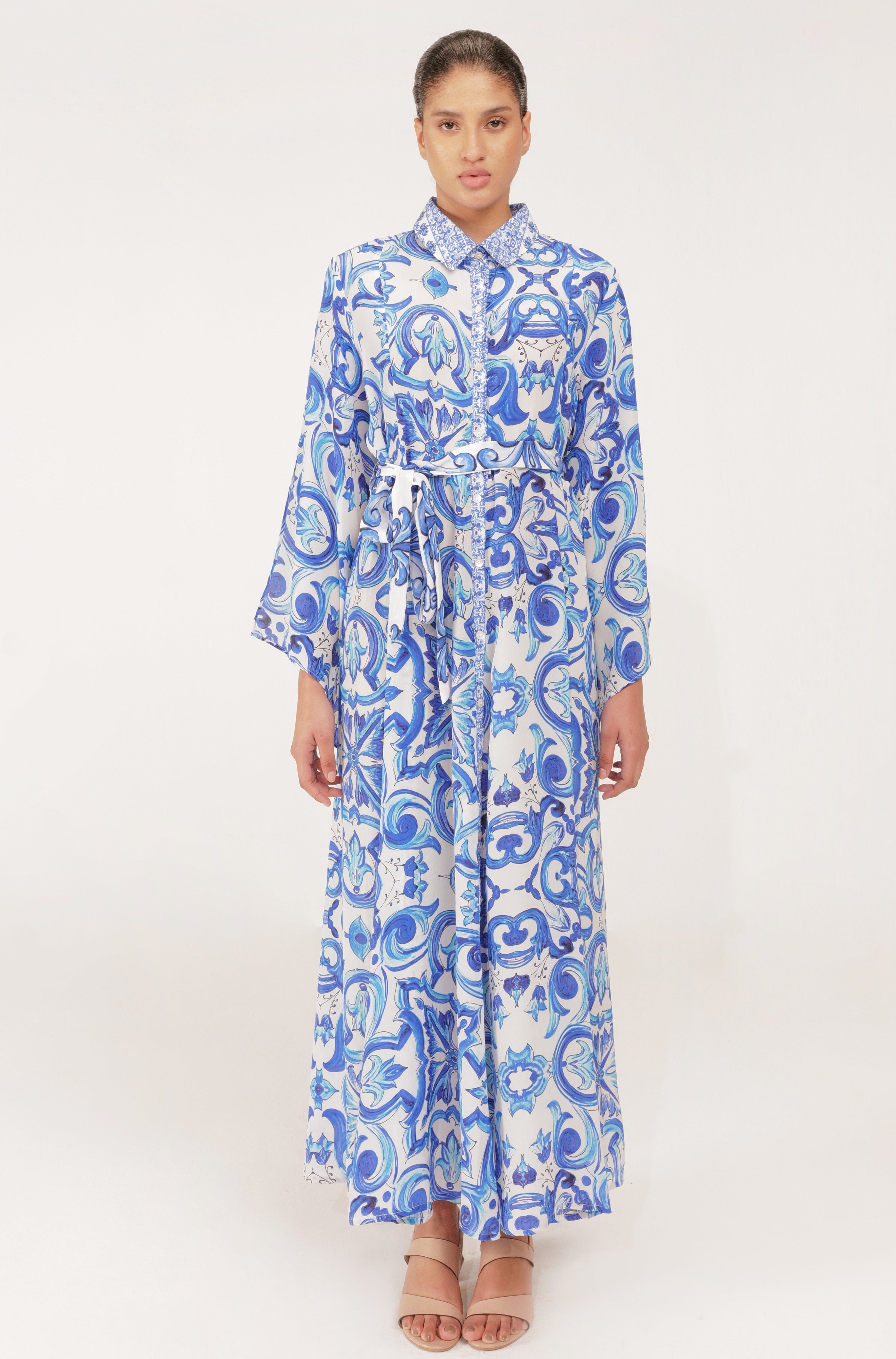 Inoa Fashion Dress MAHONIA Silk Maxi Venzia Print Blue & White