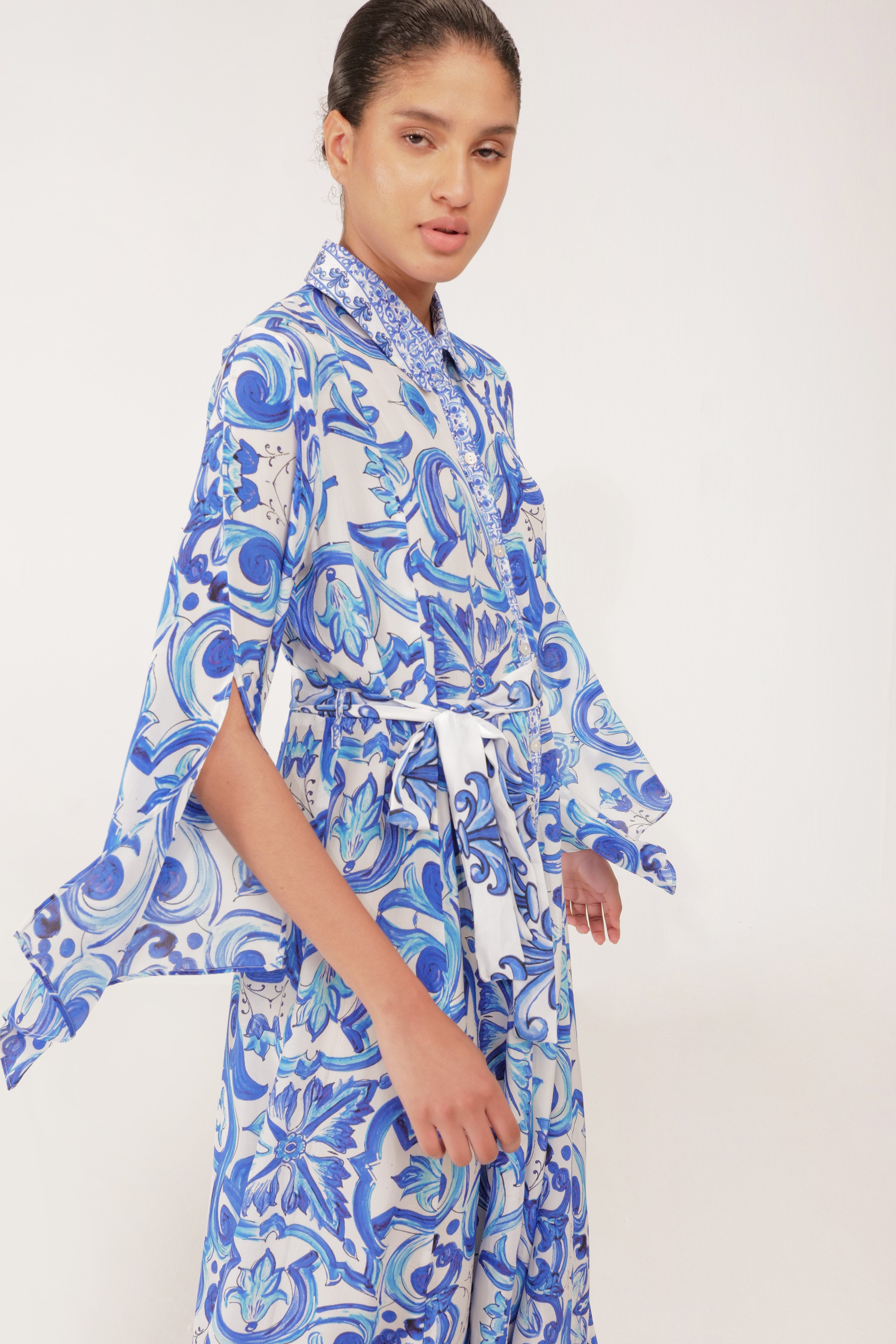 Inoa Fashion Dress MAHONIA Silk Maxi Venzia Print Blue & White